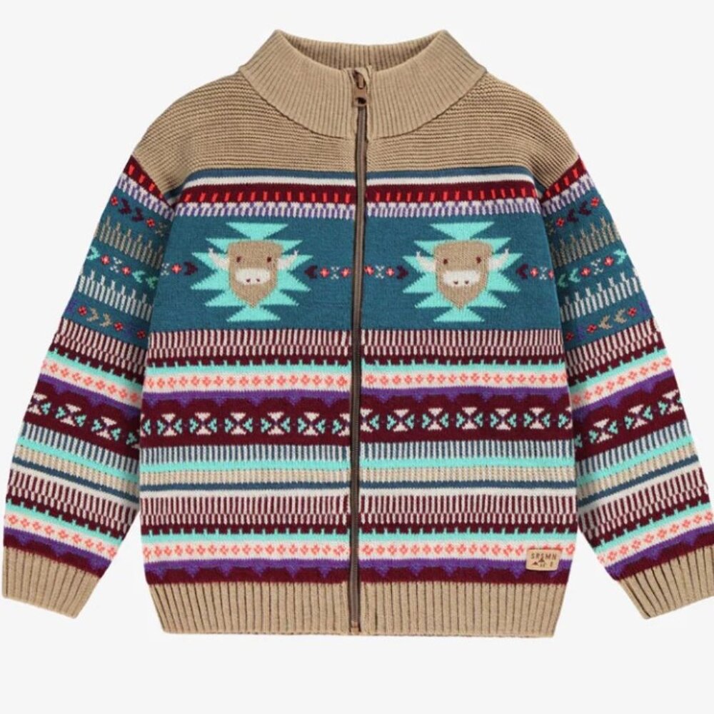 SOURIS MINI - Western Beige knit jacket with patterns